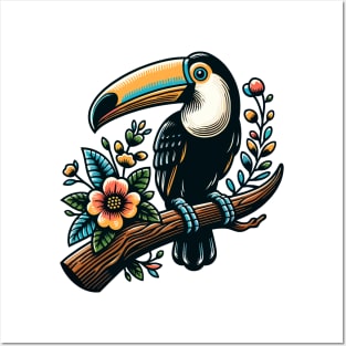 Toucan bird on a tree branch with colorful flowers Posters and Art